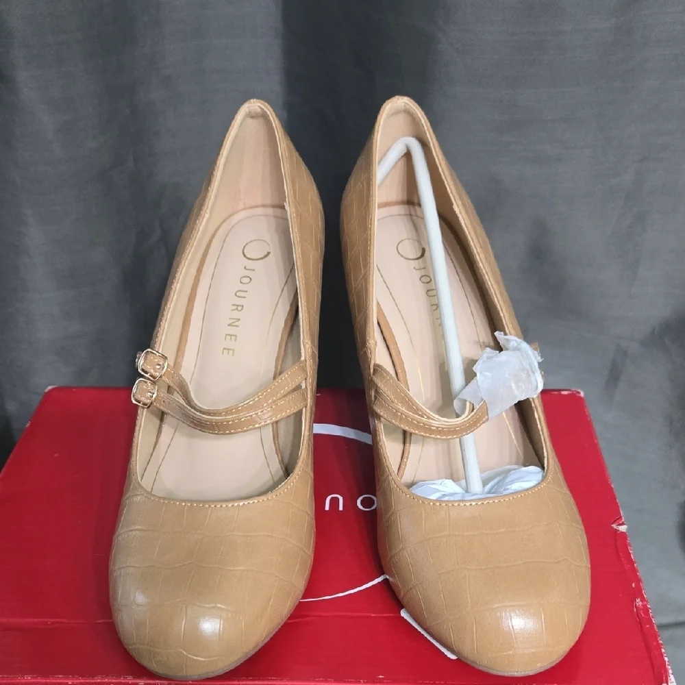 8 Wide Journee Collection Tan Mary Jane Heels